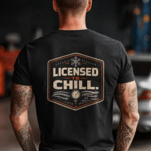 Funny HVAC Tee - "Licensed To Chill" HVAC Technician T-Shirt — black t-shirt, model photo | Pressure Tested Co
