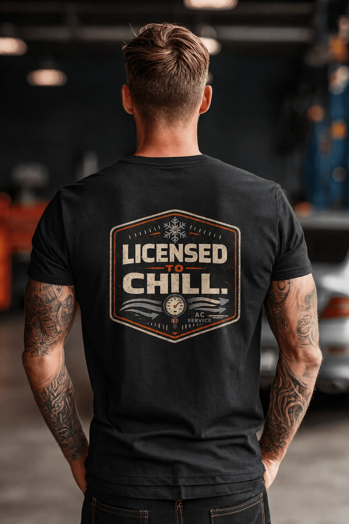 Funny HVAC Tee - "Licensed To Chill" HVAC Technician T-Shirt — black t-shirt, model photo | Pressure Tested Co