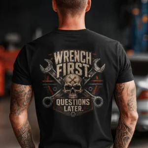 Wrench First Tee — "Wrench First, Questions Later" Mechanic Skull T-Shirt — black t-shirt, model photo | Pressure Tested Co