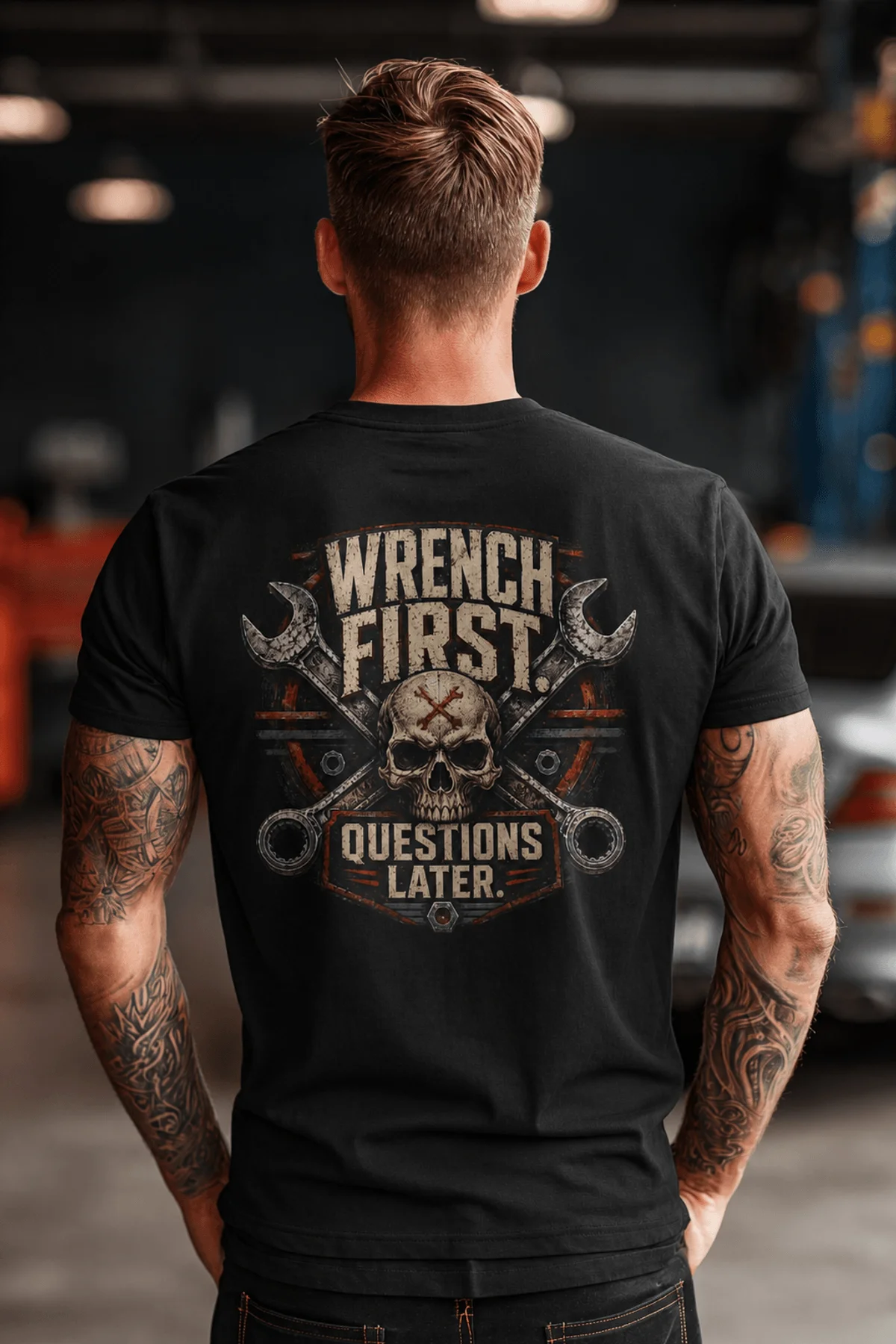 Wrench First Tee — "Wrench First, Questions Later" Mechanic Skull T-Shirt — black t-shirt, model photo | Pressure Tested Co