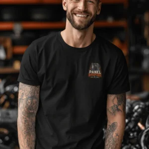 Funny Electrician Tee - "Panel Whisperer" Electrical Worker T-Shirt — black t-shirt, model photo | Pressure Tested Co