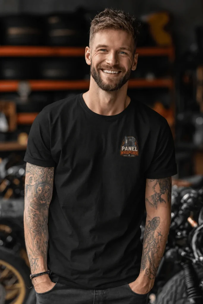 Funny Electrician Tee - "Panel Whisperer" Electrical Worker T-Shirt — black t-shirt, model photo | Pressure Tested Co