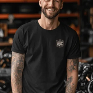 Funny HVAC Tee - "Licensed To Chill" HVAC Technician T-Shirt — black t-shirt, model photo | Pressure Tested Co