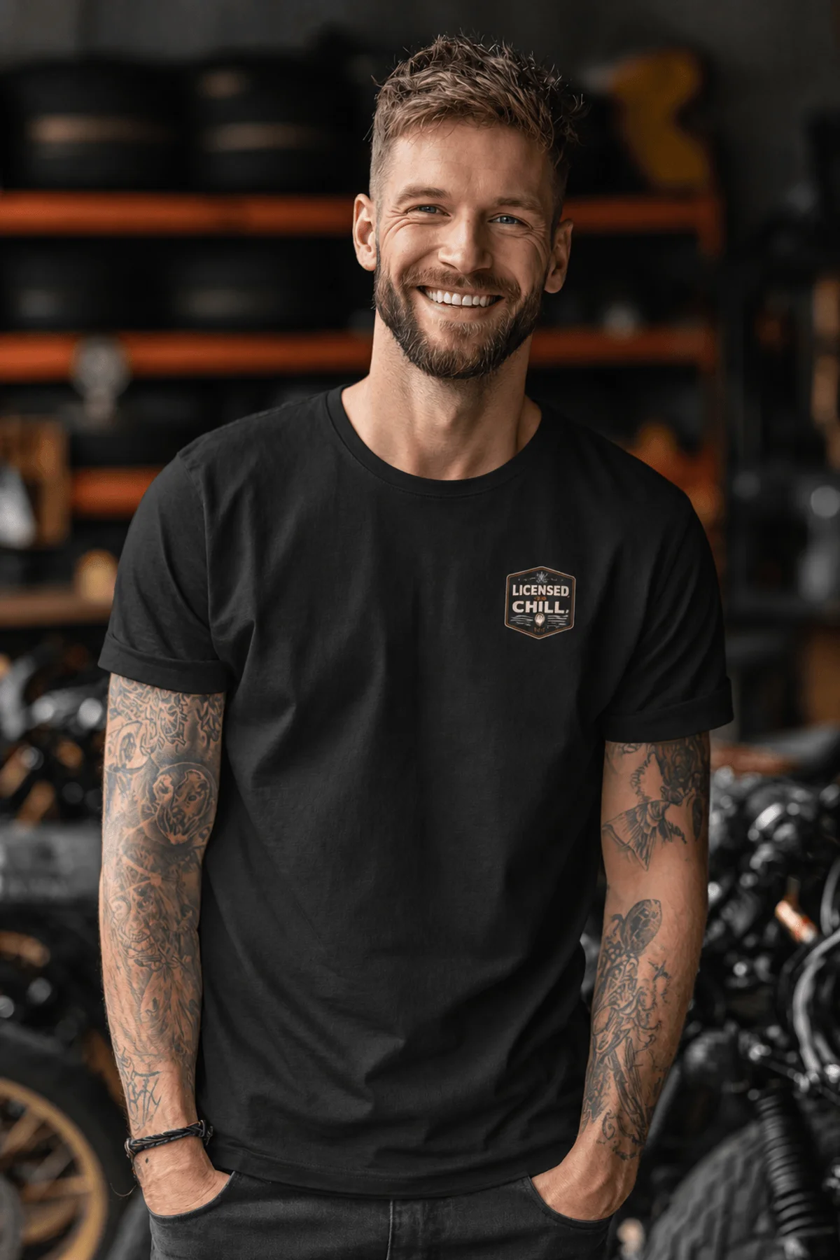 Funny HVAC Tee - "Licensed To Chill" HVAC Technician T-Shirt — black t-shirt, model photo | Pressure Tested Co