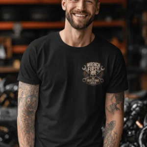 Wrench First Tee — "Wrench First, Questions Later" Mechanic Skull T-Shirt — black t-shirt, model photo | Pressure Tested Co