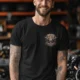 Wrench First Tee — "Wrench First, Questions Later" Mechanic Skull T-Shirt — black t-shirt, model photo | Pressure Tested Co