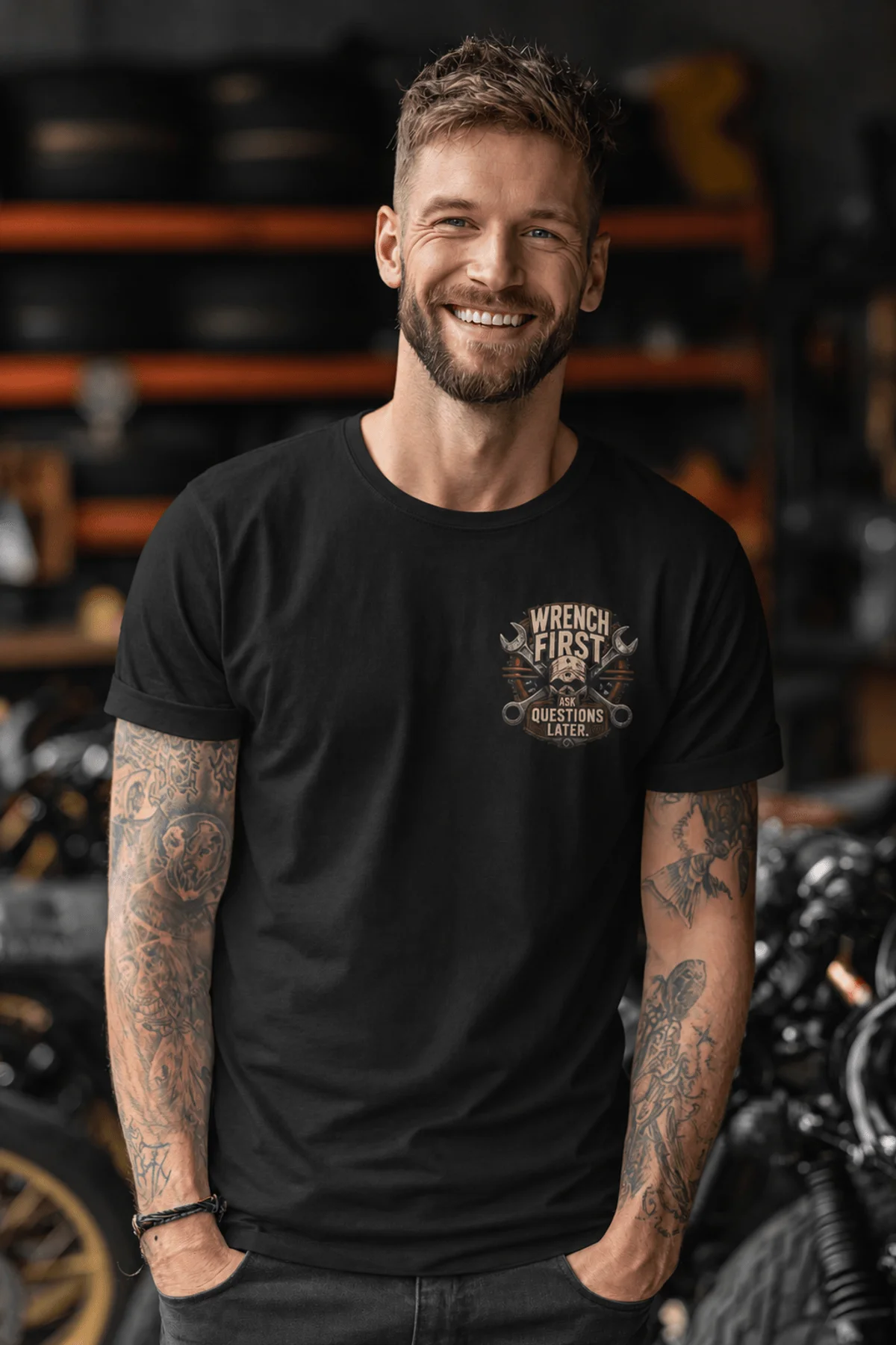 Wrench First Tee — "Wrench First, Questions Later" Mechanic Skull T-Shirt — black t-shirt, model photo | Pressure Tested Co