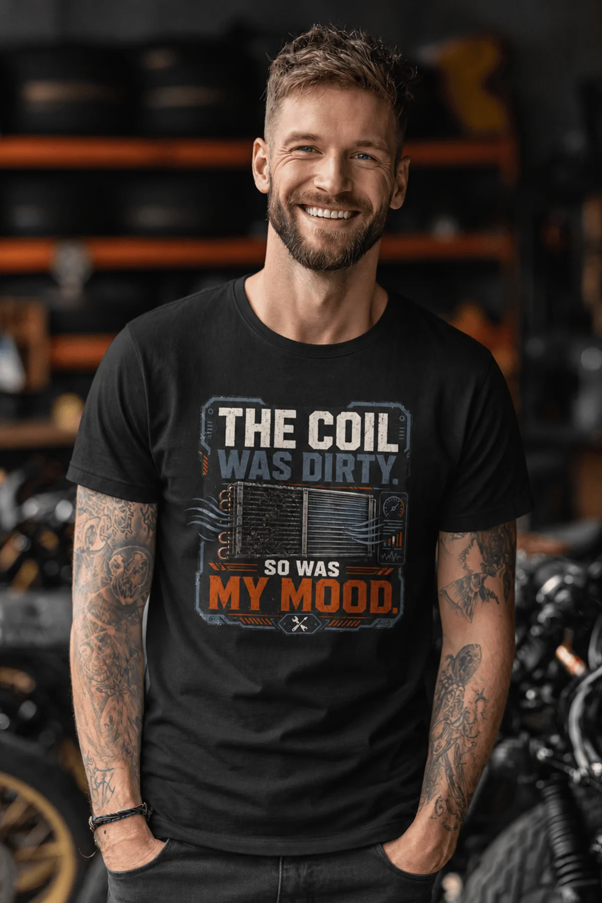 HVAC Technician Tee — “THE COIL WAS DIRTY. SO WAS MY MOOD.” — black — Model HVAC Technician Tee — “THE COIL WAS DIRTY. SO WAS MY MOOD.” — black t-shirt, model photo | Pressure Tested Co