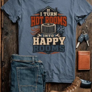 HVAC Technician T-Shirt — "I Turn Hot Rooms Into Happy Rooms" Vintage HVAC Shirt — blue-jean t-shirt, flat-lay product photo | Pressure Tested Co