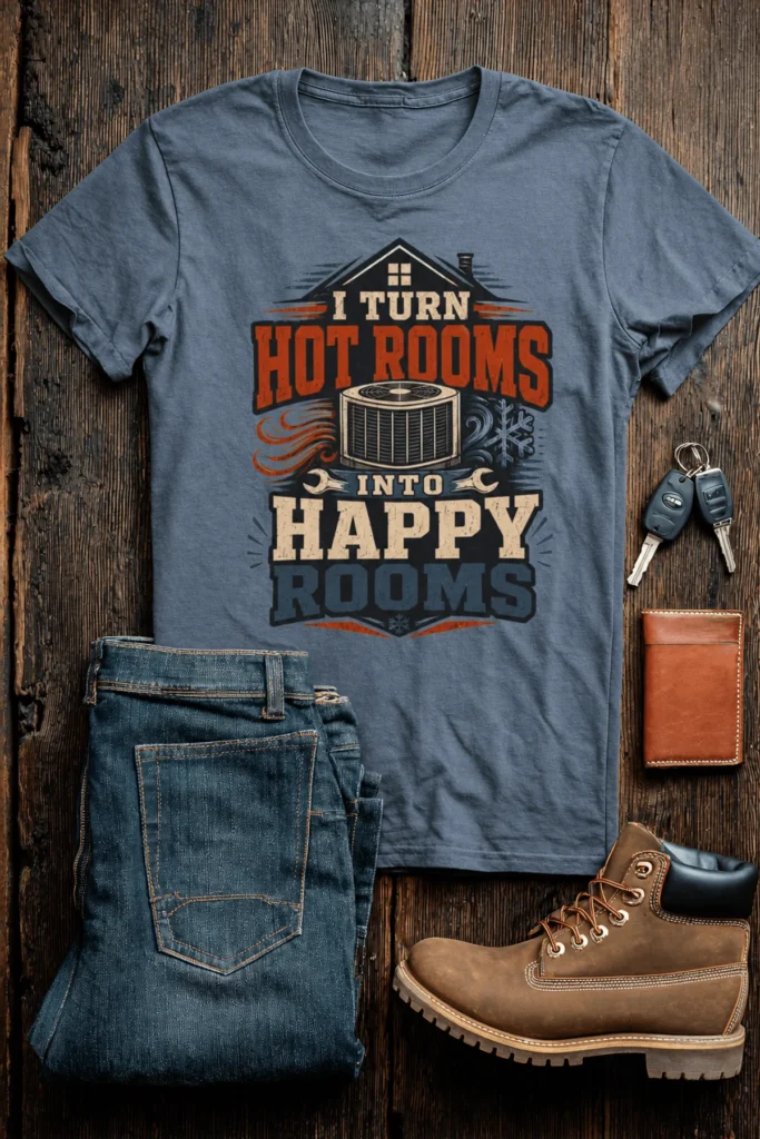 HVAC Technician T-Shirt — "I Turn Hot Rooms Into Happy Rooms" Vintage HVAC Shirt — blue-jean t-shirt, flat-lay product photo | Pressure Tested Co