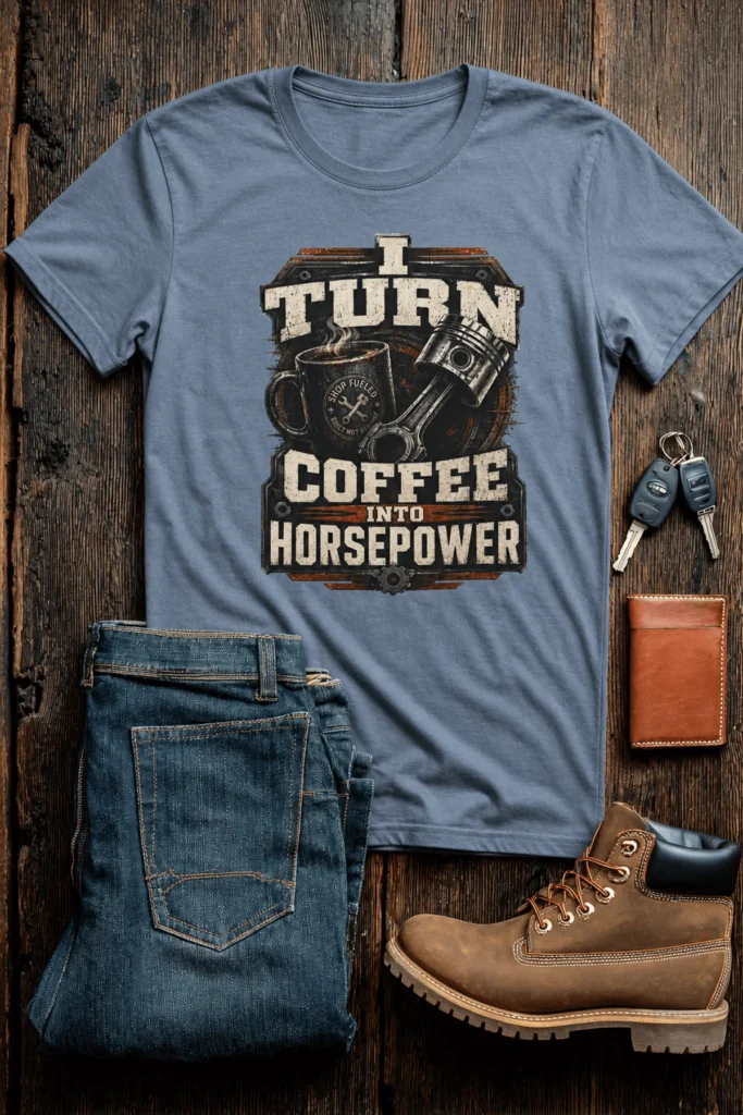 Mechanic Technician T-Shirt — "I Turn Coffee Into Horsepower" Vintage Work Shirt — blue-jean t-shirt, flat-lay product photo | Pressure Tested Co