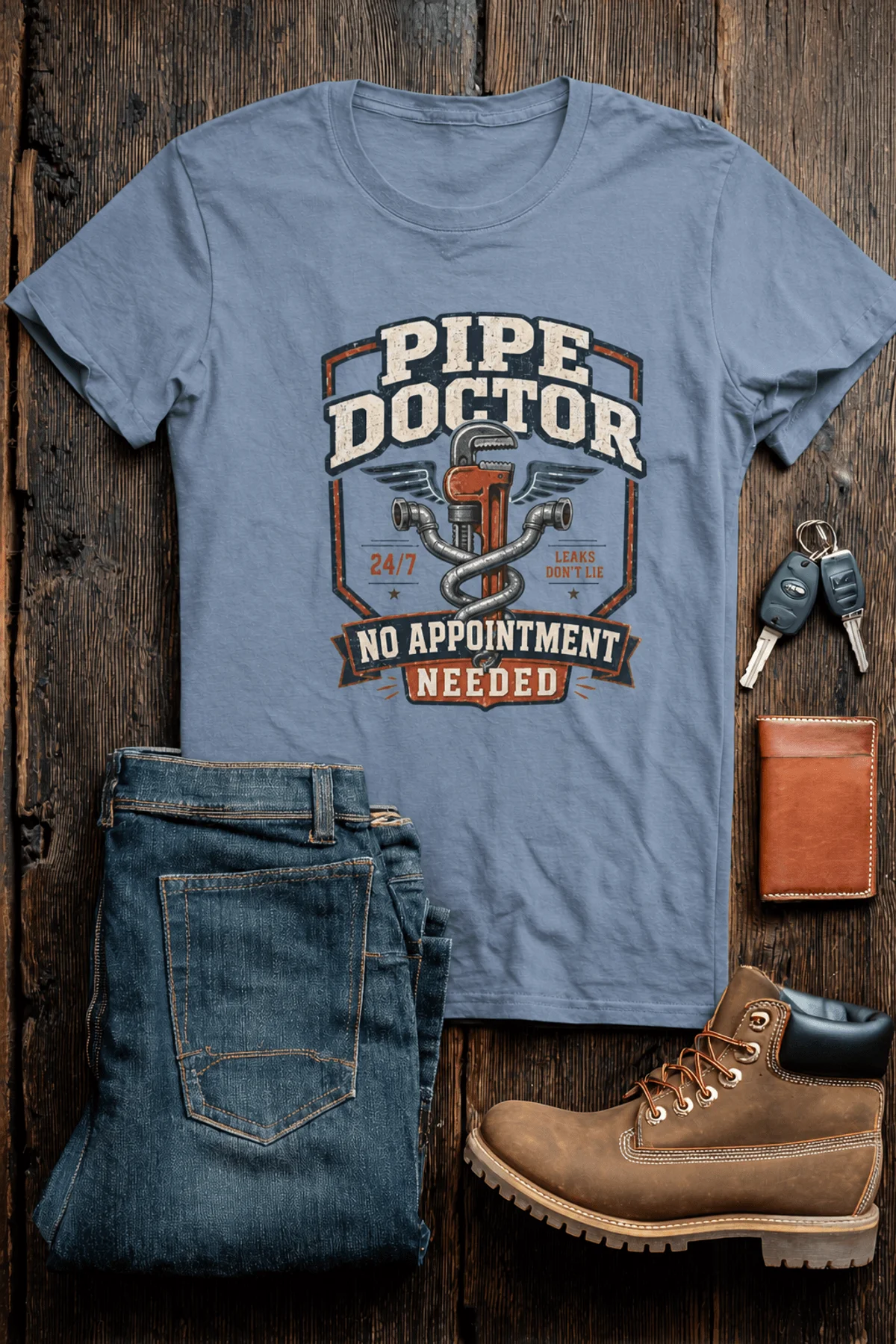 Plumber T-Shirt — "Pipe Doctor. No Appointment Needed" Vintage Work Shirt — blue-jean — Flat-lay Plumber T-Shirt — "Pipe Doctor. No Appointment Needed" Vintage Work Shirt — blue-jean t-shirt, flat-lay product photo | Pressure Tested Co