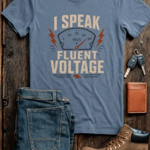 I Speak Fluent Voltage T-Shirt — Electrician & Electronics Tech Gift — blue-jean t-shirt, flat-lay product photo | Pressure Tested Co