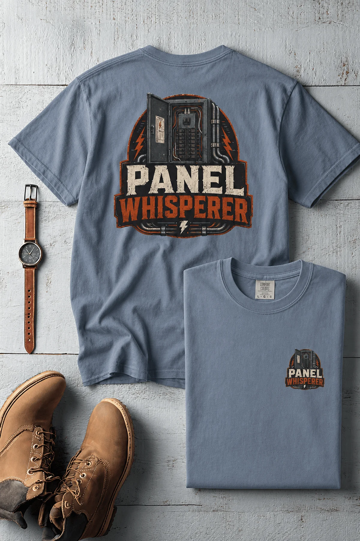 Funny Electrician Tee - "Panel Whisperer" Electrical Worker T-Shirt — blue-jean t-shirt, flat-lay product photo | Pressure Tested Co