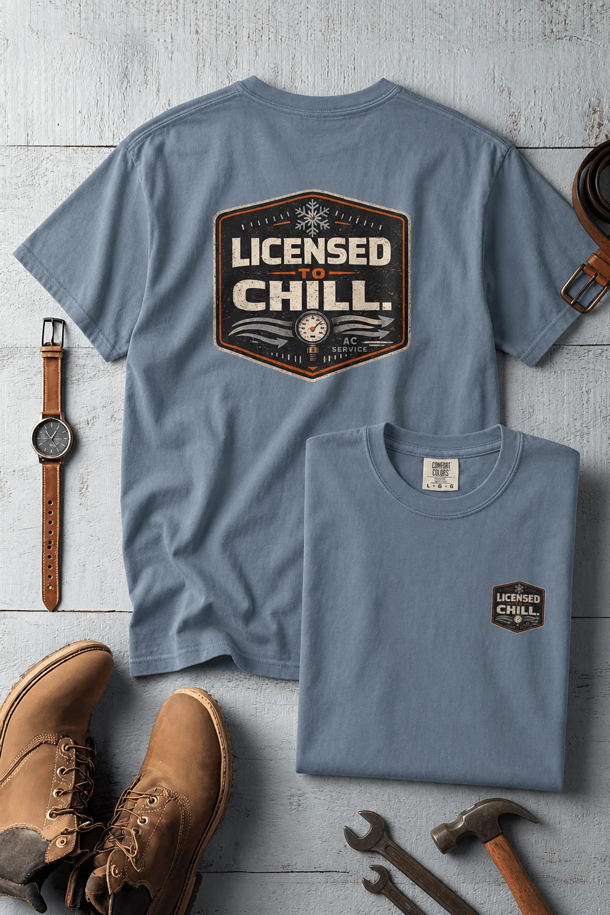 Funny HVAC Tee - "Licensed To Chill" HVAC Technician T-Shirt — blue-jean t-shirt, flat-lay product photo | Pressure Tested Co