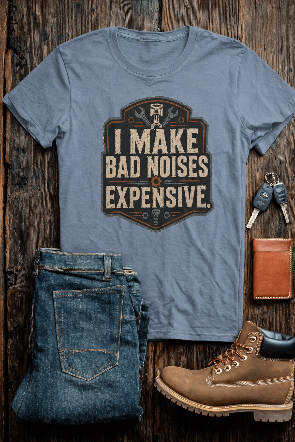 Funny Mechanic Tee - "I Make Bad Noises Expensive" Technician Worker/ Mechanic / Gearhead Tee — blue-jean t-shirt, flat-lay product photo | Pressure Tested Co