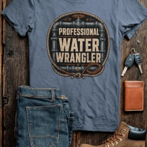 Funny Plumber Tee - "Professional Water Wrangler" Rustic Rope Graphic T-Shirt — blue-jean t-shirt, flat-lay product photo | Pressure Tested Co