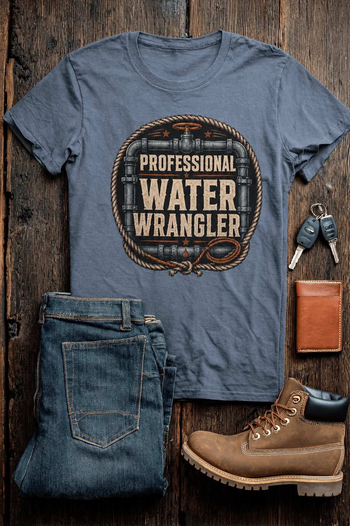 Funny Plumber Tee - "Professional Water Wrangler" Rustic Rope Graphic T-Shirt — blue-jean t-shirt, flat-lay product photo | Pressure Tested Co