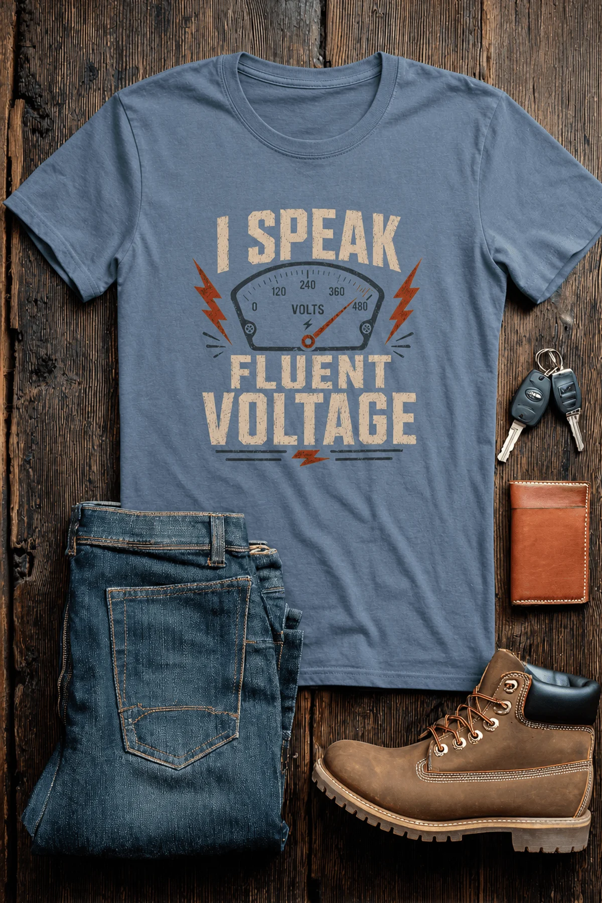 I Speak Fluent Voltage T-Shirt — Electrician & Electronics Tech Gift — blue-jean t-shirt, flat-lay product photo | Pressure Tested Co