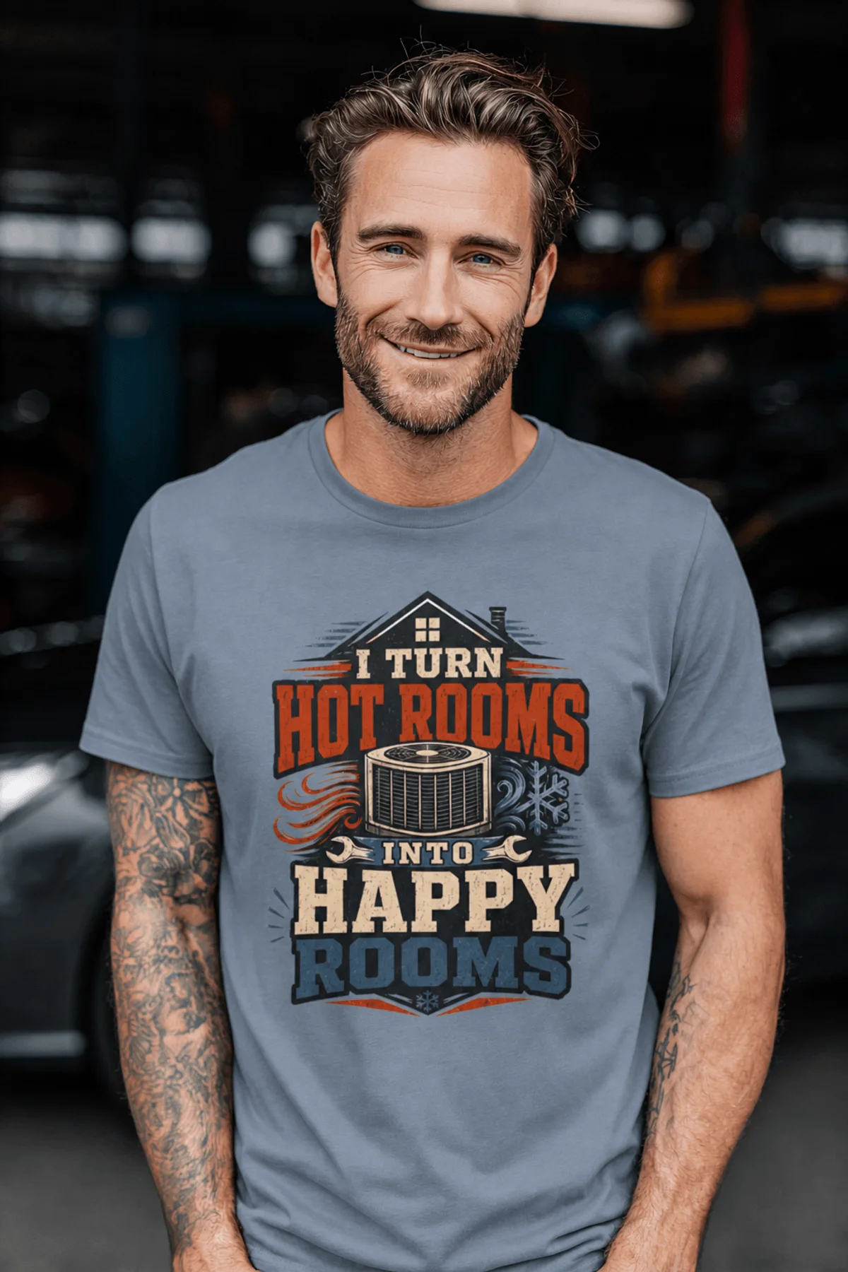 HVAC Technician T-Shirt — "I Turn Hot Rooms Into Happy Rooms" Vintage HVAC Shirt — blue-jean — Model HVAC Technician T-Shirt — "I Turn Hot Rooms Into Happy Rooms" Vintage HVAC Shirt — blue-jean t-shirt, model photo | Pressure Tested Co
