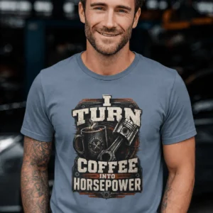 Mechanic Technician T-Shirt — "I Turn Coffee Into Horsepower" Vintage Work Shirt — blue-jean t-shirt, model photo | Pressure Tested Co