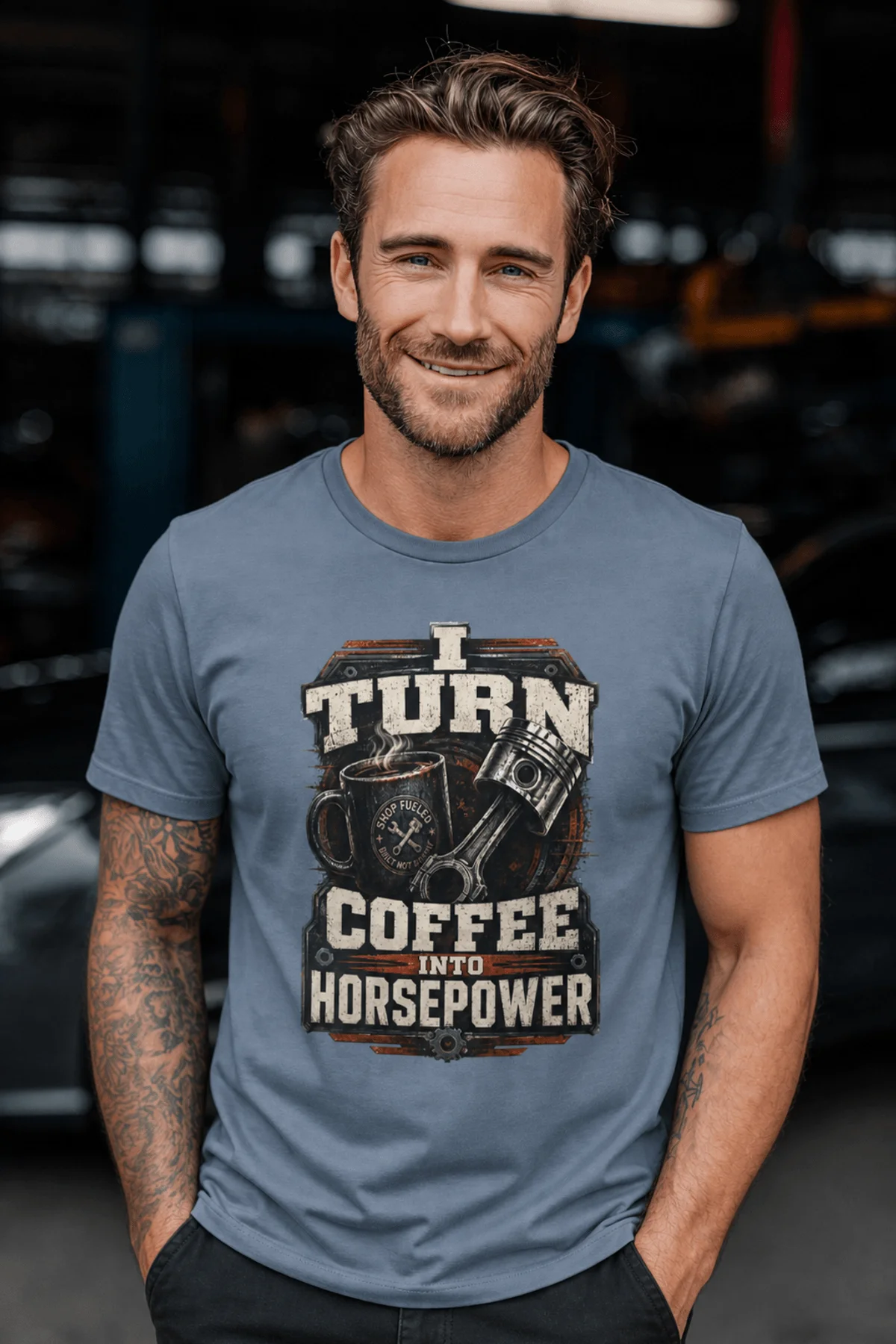 Mechanic Technician T-Shirt — "I Turn Coffee Into Horsepower" Vintage Work Shirt — blue-jean — Model Mechanic Technician T-Shirt — "I Turn Coffee Into Horsepower" Vintage Work Shirt — blue-jean t-shirt, model photo | Pressure Tested Co