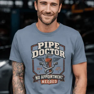 Plumber T-Shirt — "Pipe Doctor. No Appointment Needed" Vintage Work Shirt — blue-jean t-shirt, model photo | Pressure Tested Co