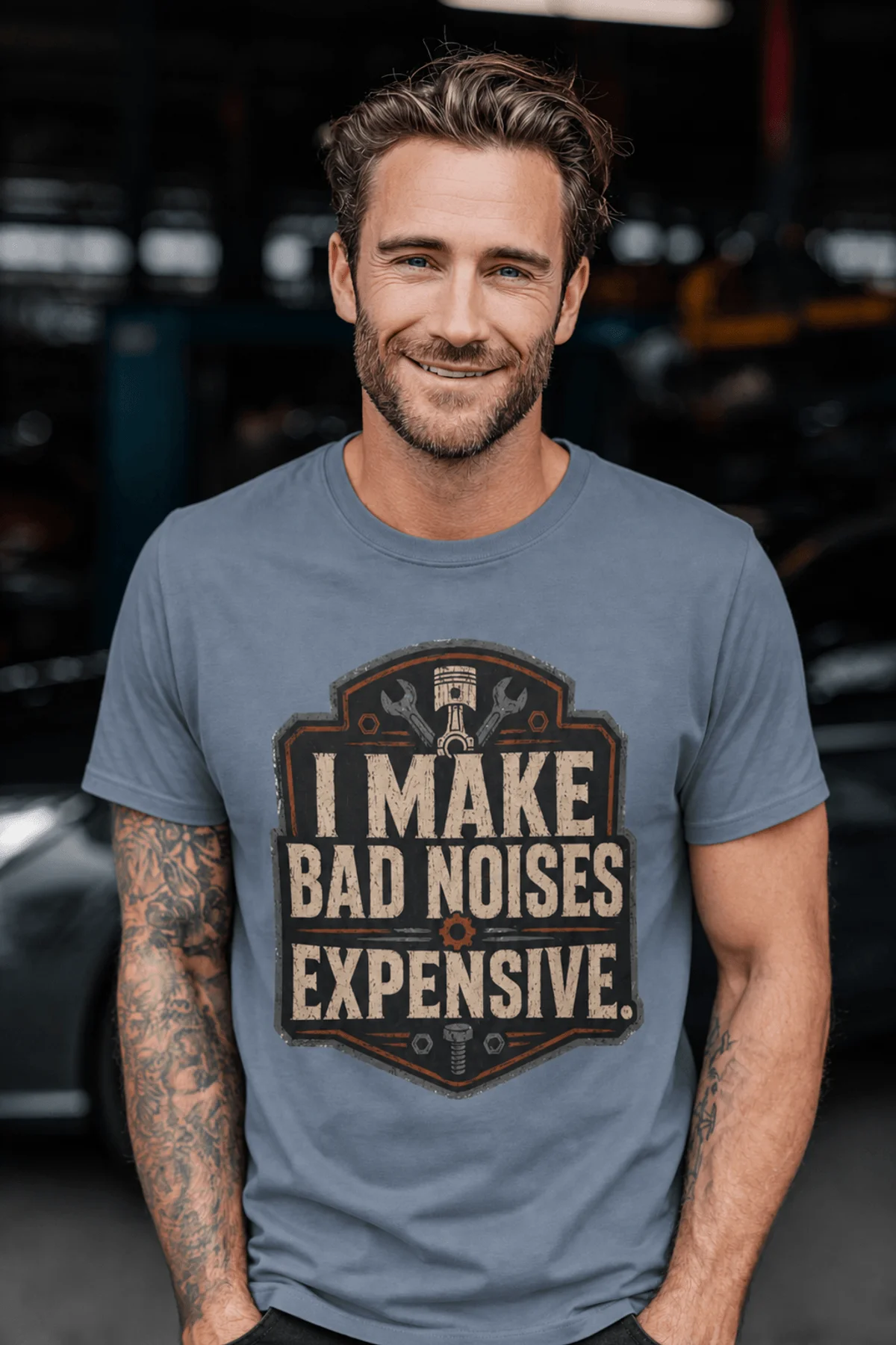 Funny Mechanic Tee - "I Make Bad Noises Expensive" Technician Worker/ Mechanic / Gearhead Tee — blue-jean t-shirt, model photo | Pressure Tested Co