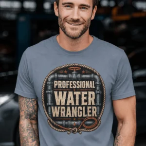 Funny Plumber Tee - "Professional Water Wrangler" Rustic Rope Graphic T-Shirt — blue-jean t-shirt, model photo | Pressure Tested Co