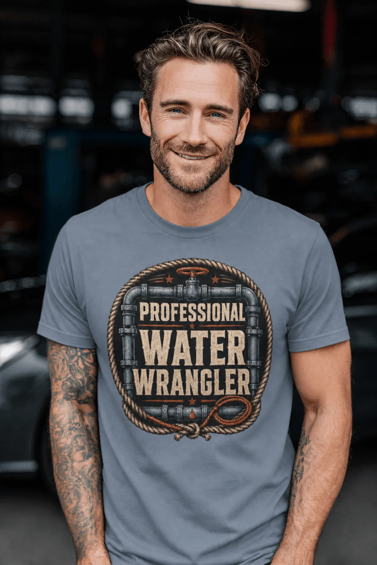 Funny Plumber Tee - "Professional Water Wrangler" Rustic Rope Graphic T-Shirt — blue-jean t-shirt, model photo | Pressure Tested Co