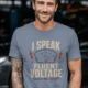 I Speak Fluent Voltage T-Shirt — Electrician & Electronics Tech Gift — blue-jean t-shirt, model photo | Pressure Tested Co