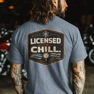 Funny HVAC Tee - "Licensed To Chill" HVAC Technician T-Shirt — blue-jean t-shirt, model photo | Pressure Tested Co