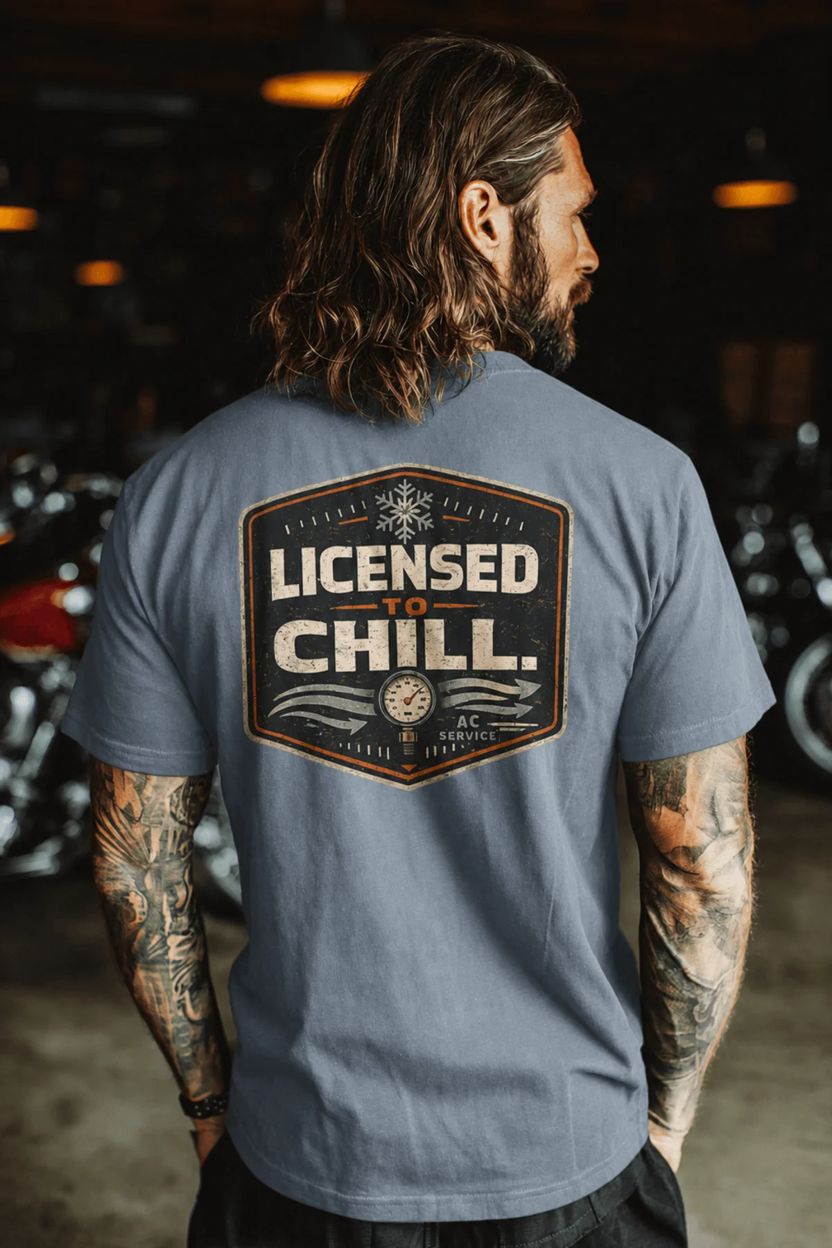 Funny HVAC Tee - "Licensed To Chill" HVAC Technician T-Shirt — blue-jean t-shirt, model photo | Pressure Tested Co