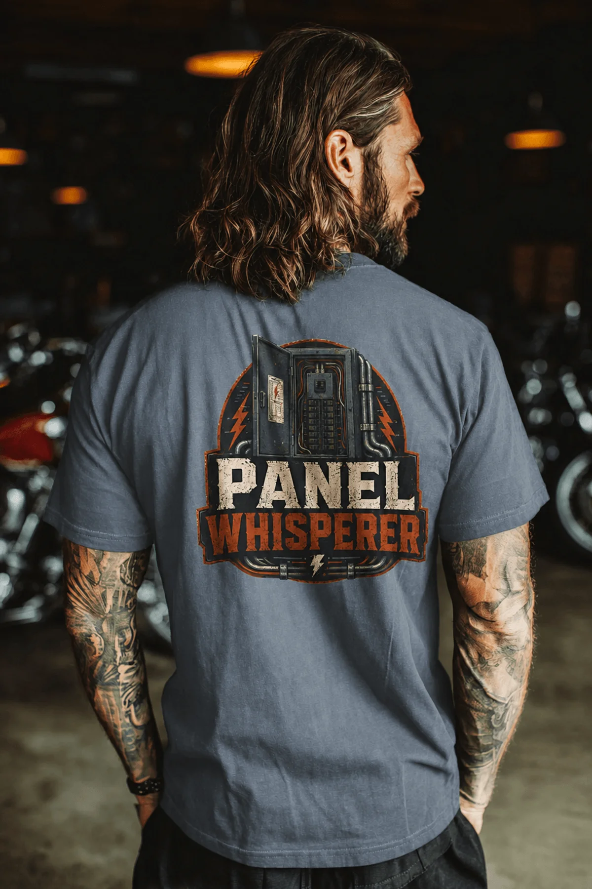 Funny Electrician Tee - "Panel Whisperer" Electrical Worker T-Shirt — blue-jean t-shirt, model photo | Pressure Tested Co