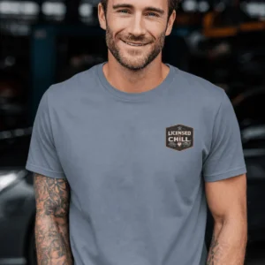 Funny HVAC Tee - "Licensed To Chill" HVAC Technician T-Shirt — blue-jean t-shirt, model photo | Pressure Tested Co