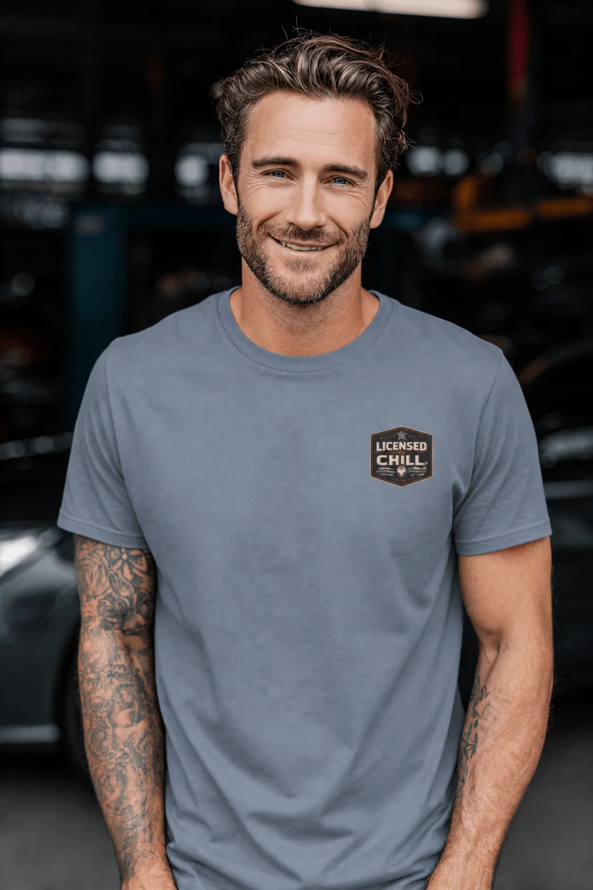 Funny HVAC Tee - "Licensed To Chill" HVAC Technician T-Shirt — blue-jean t-shirt, model photo | Pressure Tested Co