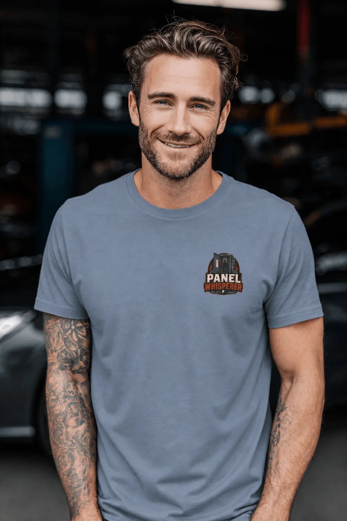 Funny Electrician Tee - "Panel Whisperer" Electrical Worker T-Shirt — blue-jean t-shirt, model photo | Pressure Tested Co