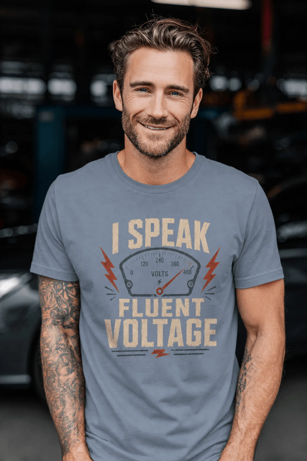I Speak Fluent Voltage T-Shirt — Electrician & Electronics Tech Gift — blue-jean t-shirt, model photo | Pressure Tested Co