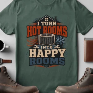 HVAC Technician T-Shirt — "I Turn Hot Rooms Into Happy Rooms" Vintage HVAC Shirt — blue-spruce t-shirt, flat-lay product photo | Pressure Tested Co