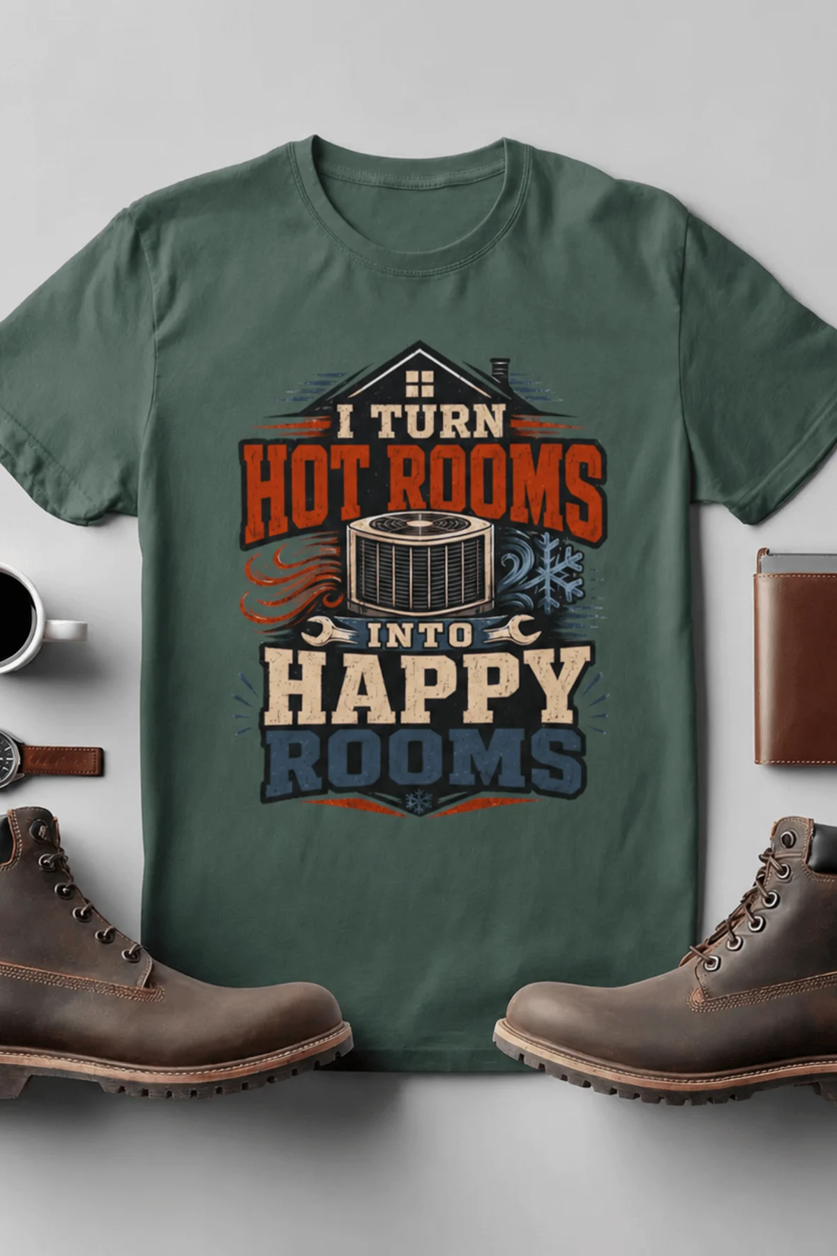 HVAC Technician T-Shirt — "I Turn Hot Rooms Into Happy Rooms" Vintage HVAC Shirt — blue-spruce — Flat-lay HVAC Technician T-Shirt — "I Turn Hot Rooms Into Happy Rooms" Vintage HVAC Shirt — blue-spruce t-shirt, flat-lay product photo | Pressure Tested Co