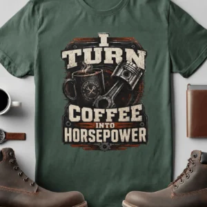 Mechanic Technician T-Shirt — "I Turn Coffee Into Horsepower" Vintage Work Shirt — blue-spruce t-shirt, flat-lay product photo | Pressure Tested Co