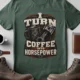 Mechanic Technician T-Shirt — "I Turn Coffee Into Horsepower" Vintage Work Shirt — blue-spruce — Flat-lay Mechanic Technician T-Shirt — "I Turn Coffee Into Horsepower" Vintage Work Shirt — blue-spruce t-shirt, flat-lay product photo | Pressure Tested Co
