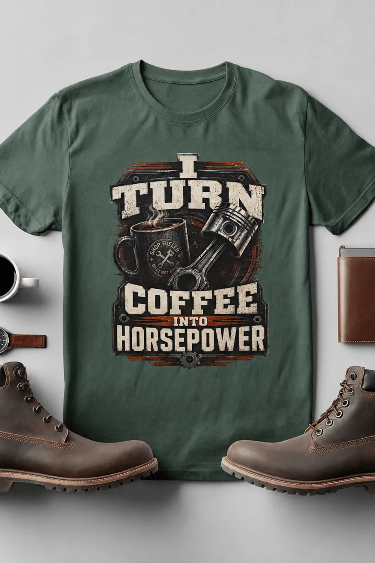 Mechanic Technician T-Shirt — "I Turn Coffee Into Horsepower" Vintage Work Shirt — blue-spruce — Flat-lay Mechanic Technician T-Shirt — "I Turn Coffee Into Horsepower" Vintage Work Shirt — blue-spruce t-shirt, flat-lay product photo | Pressure Tested Co