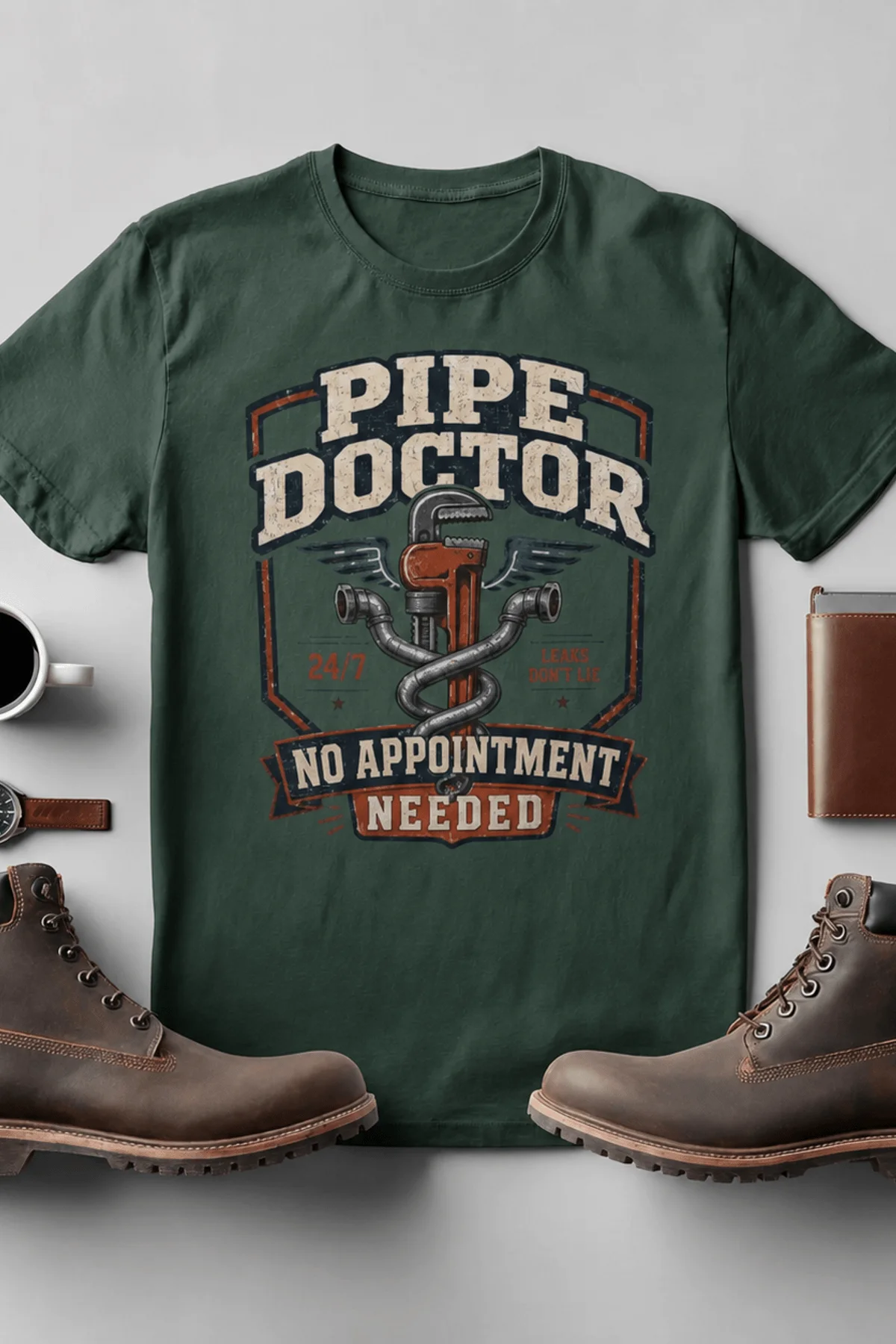 Plumber T-Shirt — "Pipe Doctor. No Appointment Needed" Vintage Work Shirt — blue-spruce — Flat-lay Plumber T-Shirt — "Pipe Doctor. No Appointment Needed" Vintage Work Shirt — blue-spruce t-shirt, flat-lay product photo | Pressure Tested Co
