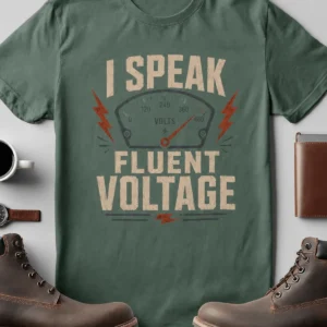 I Speak Fluent Voltage T-Shirt — Electrician & Electronics Tech Gift — blue-spruce t-shirt, flat-lay product photo | Pressure Tested Co