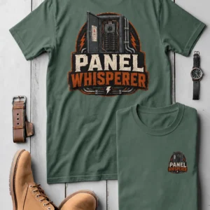 Funny Electrician Tee - "Panel Whisperer" Electrical Worker T-Shirt — blue-spruce t-shirt, flat-lay product photo | Pressure Tested Co