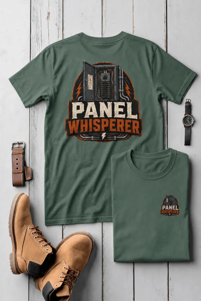 Funny Electrician Tee - "Panel Whisperer" Electrical Worker T-Shirt — blue-spruce t-shirt, flat-lay product photo | Pressure Tested Co