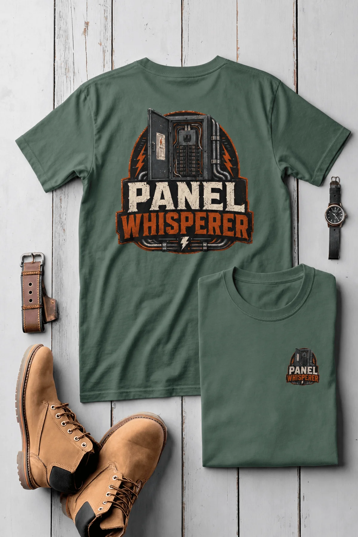 Funny Electrician Tee - "Panel Whisperer" Electrical Worker T-Shirt — blue-spruce t-shirt, flat-lay product photo | Pressure Tested Co