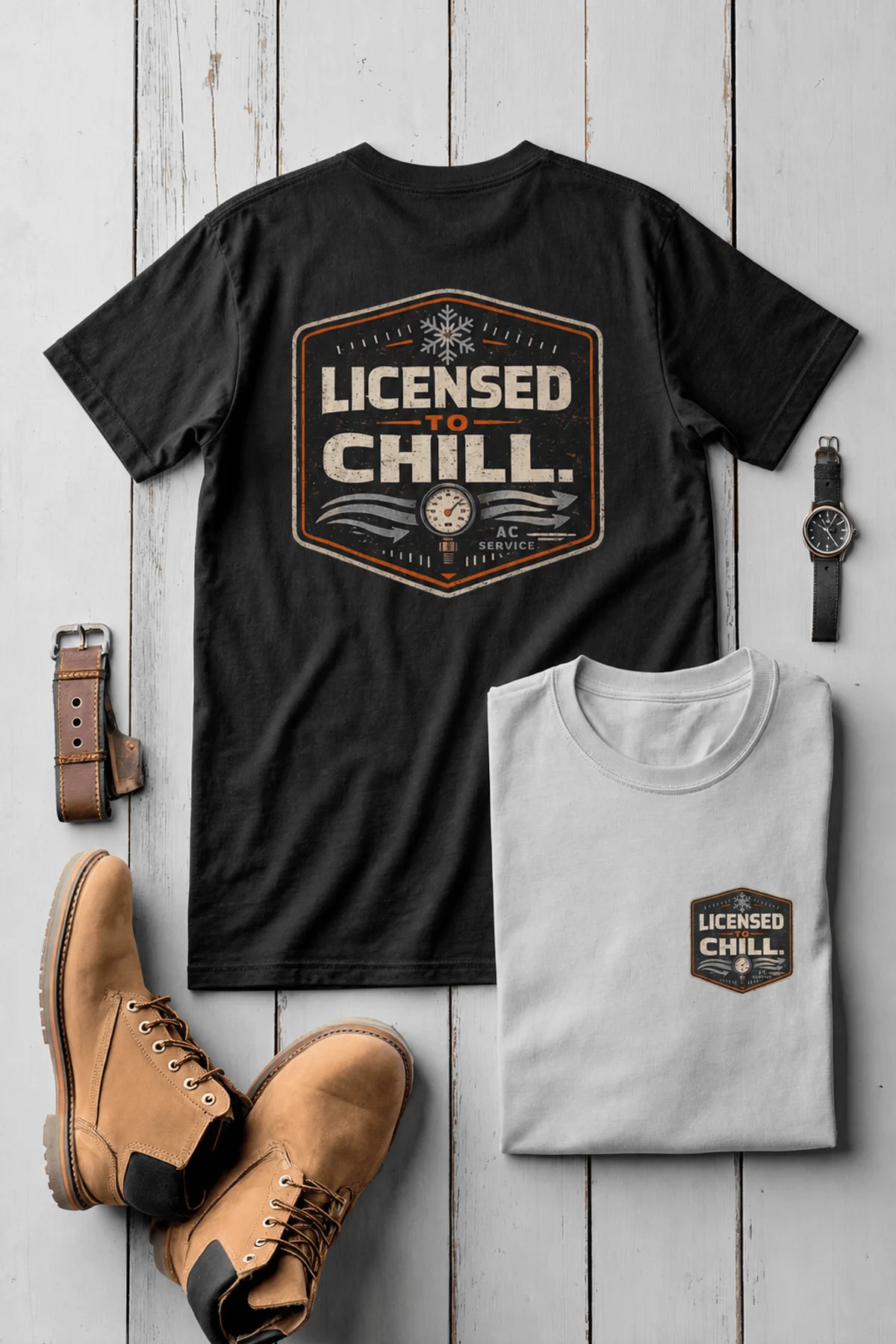 Funny HVAC Tee - "Licensed To Chill" HVAC Technician T-Shirt — blue-spruce t-shirt, flat-lay product photo | Pressure Tested Co