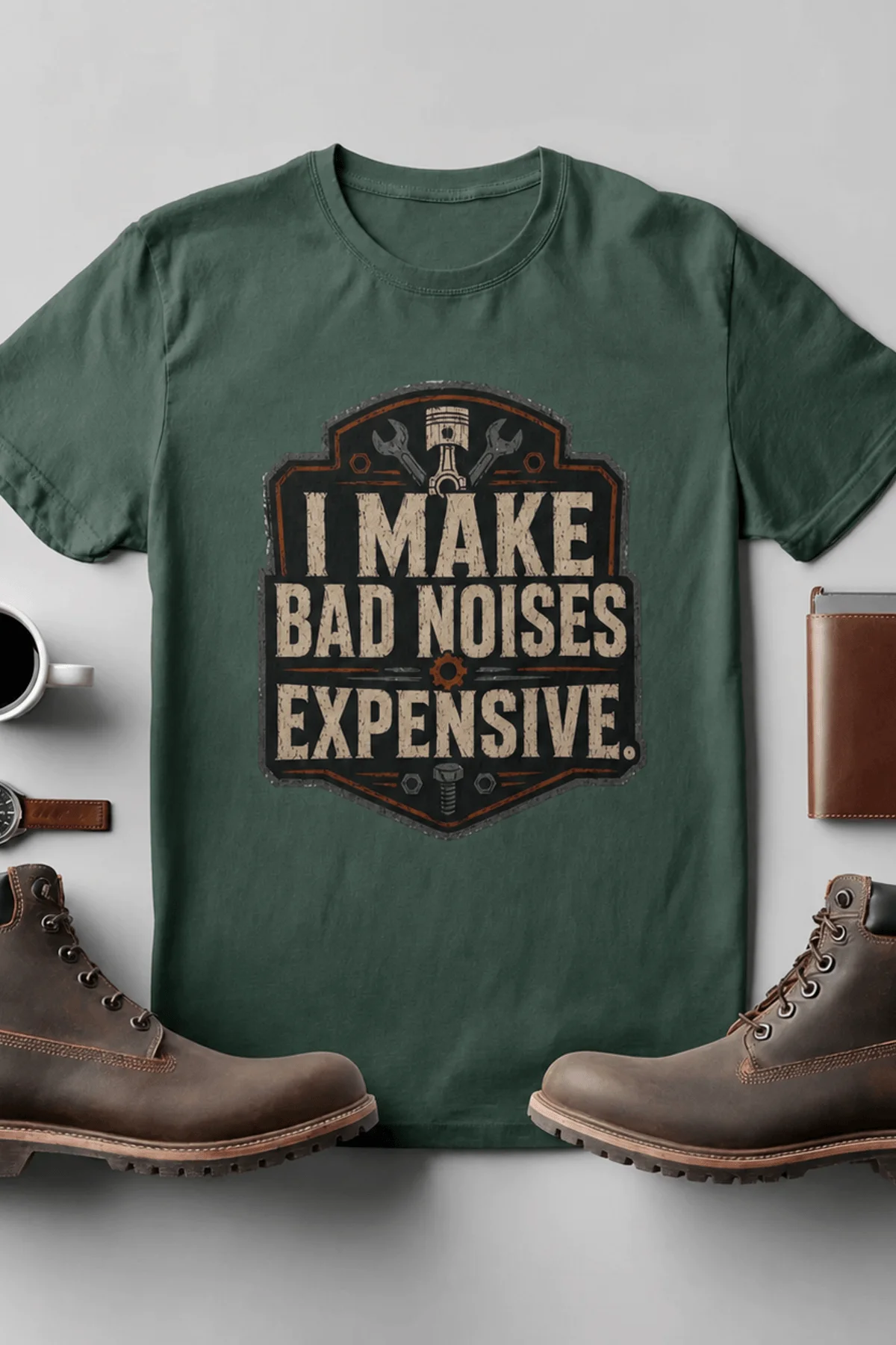 Funny Mechanic Tee - "I Make Bad Noises Expensive" Technician Worker/ Mechanic / Gearhead Tee — blue-spruce t-shirt, flat-lay product photo | Pressure Tested Co